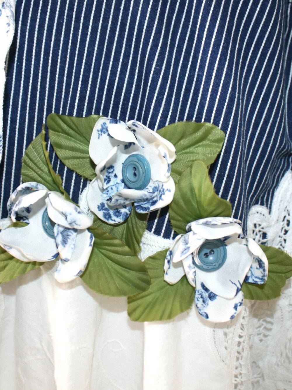 HAND CRAFTED Skirt Denim Jean Upcycled Pinstripe Floral White Fall Plus Size 18 - Picture 4 of 16